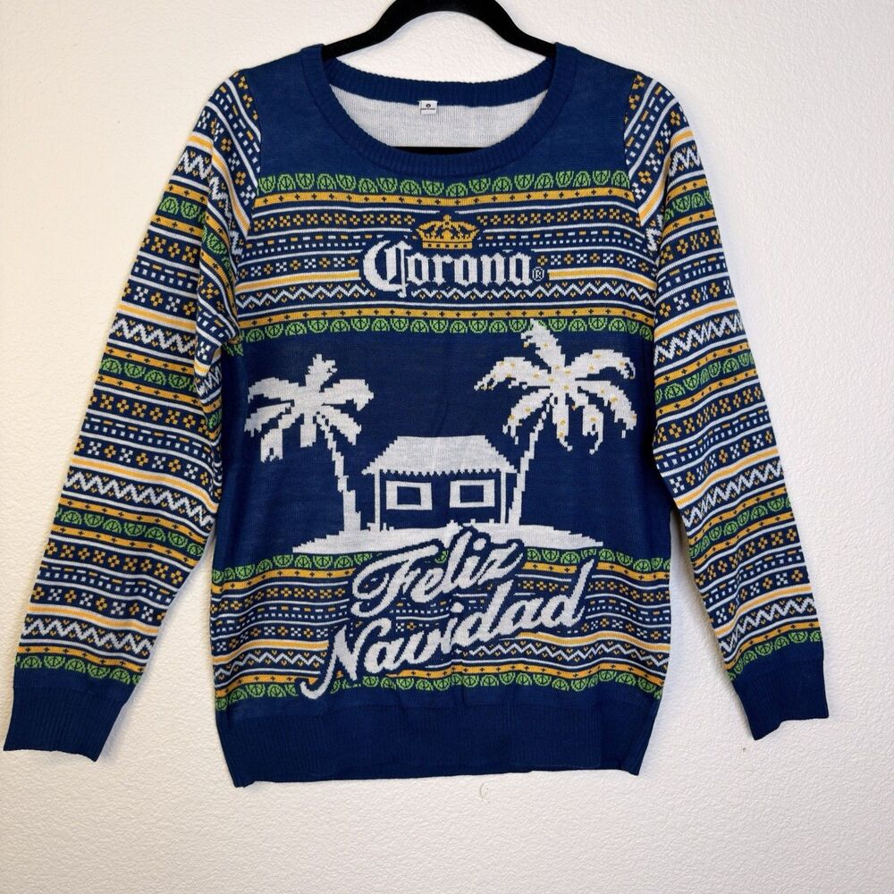 Corona Beer Feliz Navidad Ugly Christmas Sweater Mens Medium Navy Blue Knit NWOT